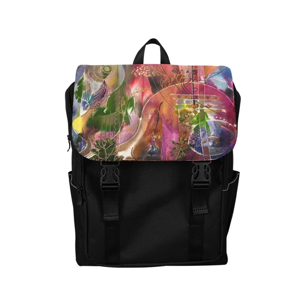 Sunny Day Casual Backpack with colorful abstract flap design and black oxford fabric body, adjustable straps, multiple pockets for storage.