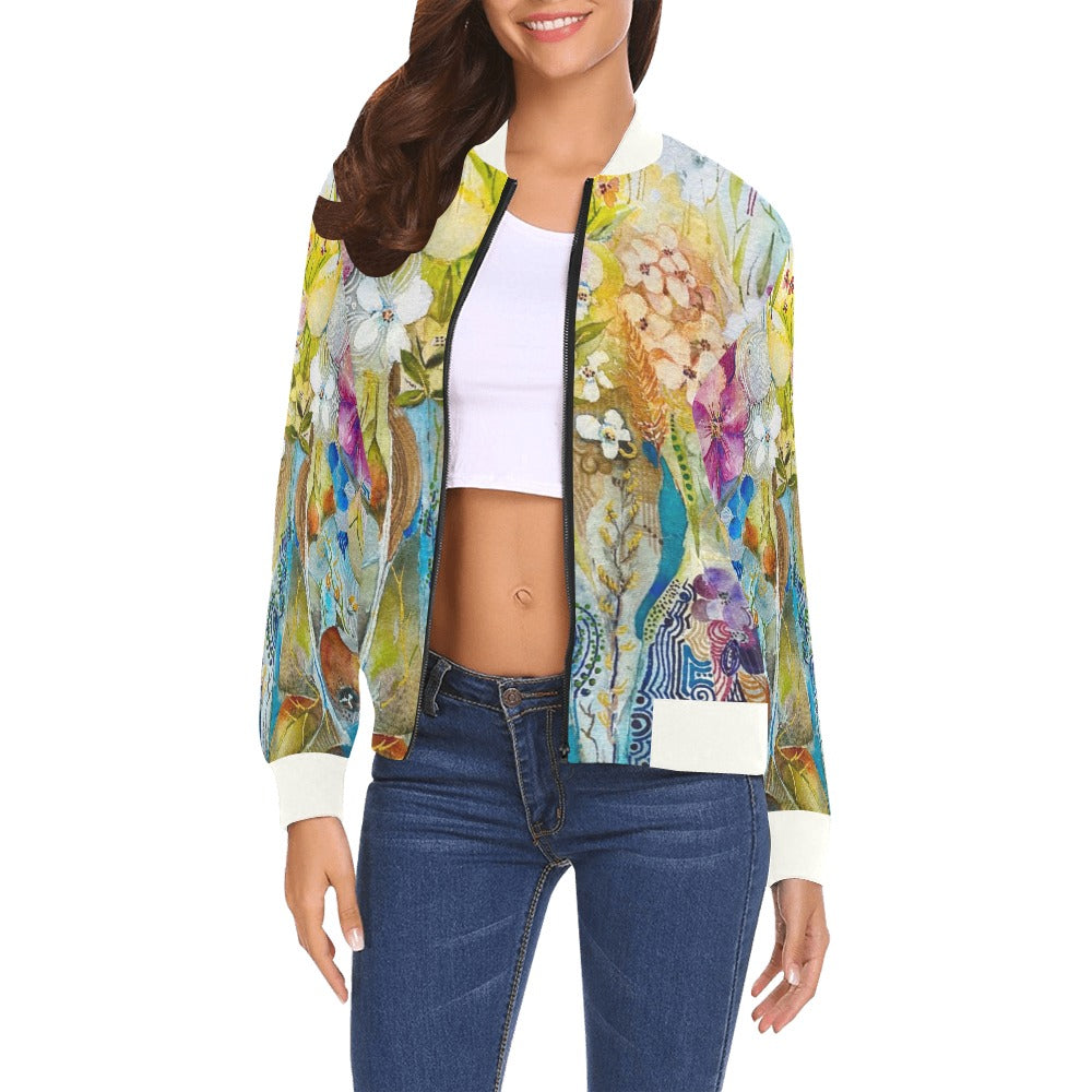 You Gave Me Flowers all over print women's bomber jacket with colorful floral artwork and white cuffs and collar