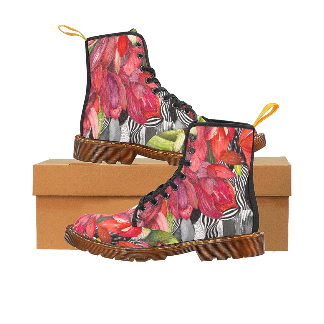 Amarillis Black Custom Canvas Boots for Women by LanaArt Sweden, featuring a breathable nylon canvas upper, floral combat design, and translucent rubber sole.