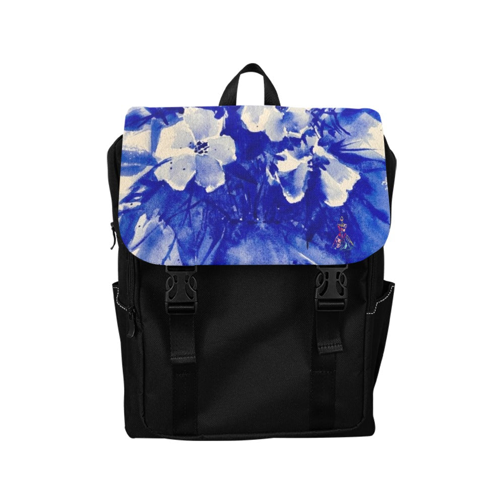 Indigo Flowers Casual Backpack with durable oxford fabric, blue floral flap, black body, adjustable straps, and multiple pockets for everyday use.