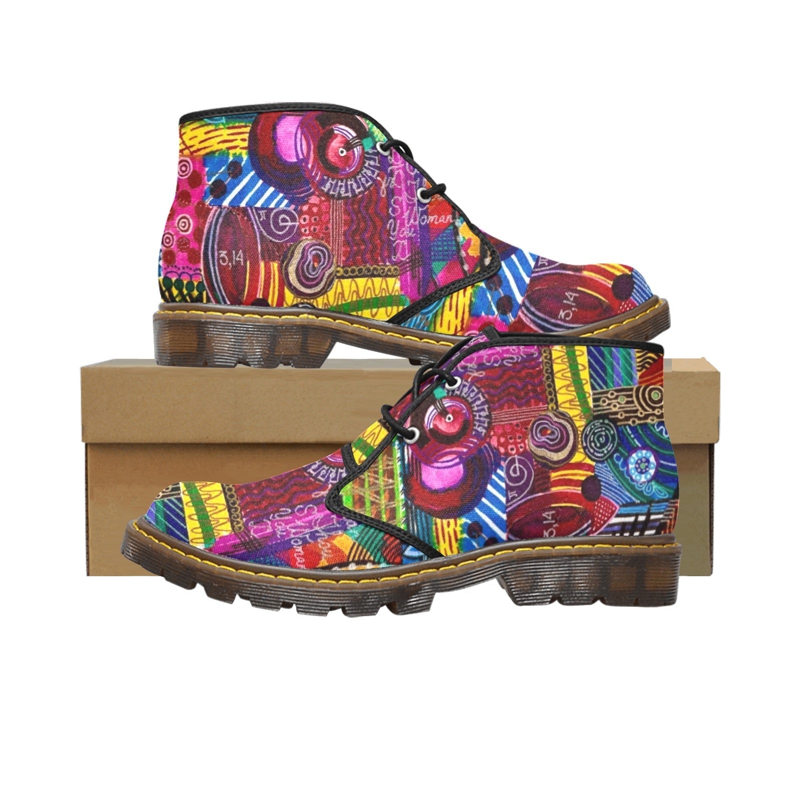 ColorMad men's colorful canvas mid-top boots with lace-up closure and durable rubber sole on a brown box