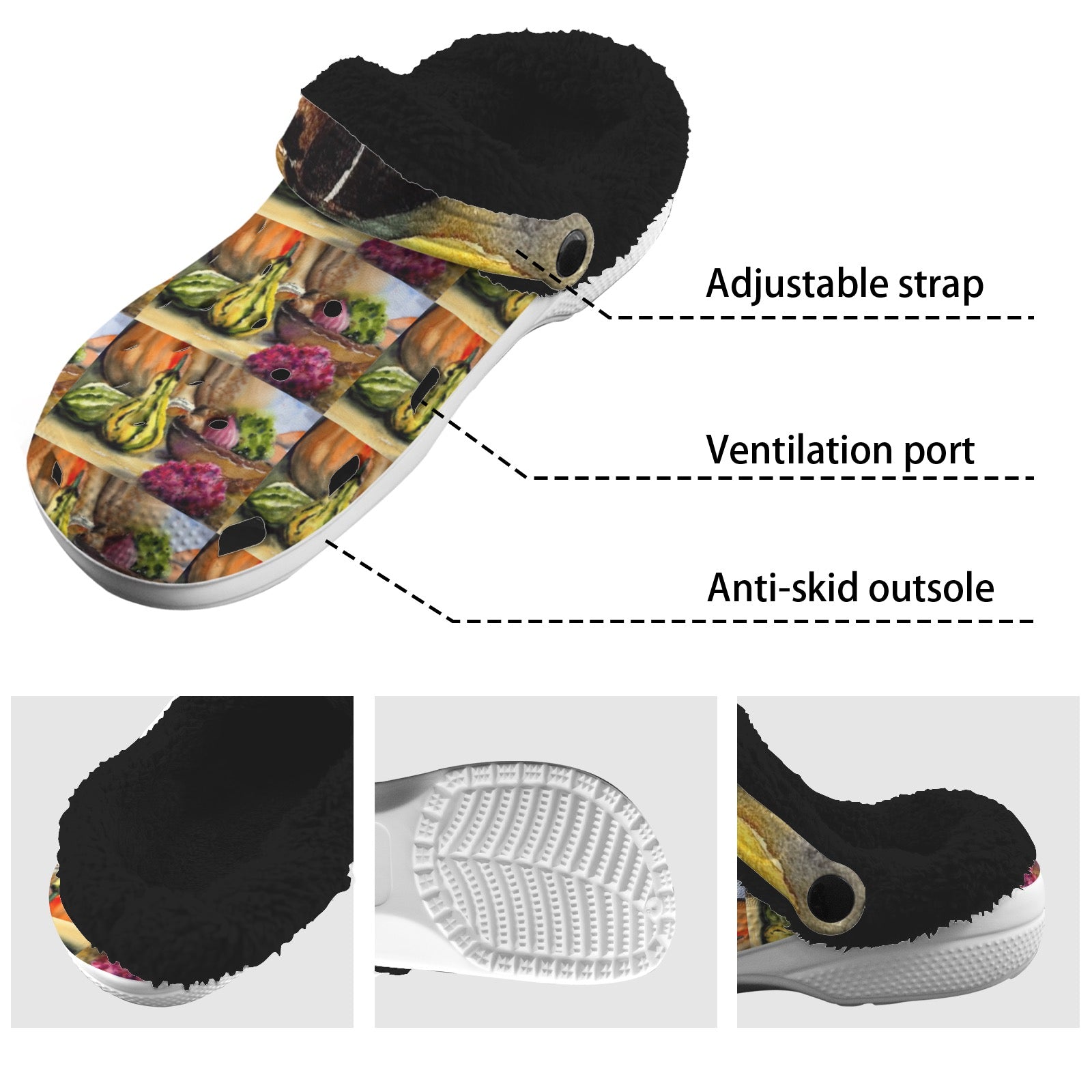 Fall Harvest Fleece Lined Foam Clogs for Adults in EVA material with fleece lining and heel strap for comfort and warmth.