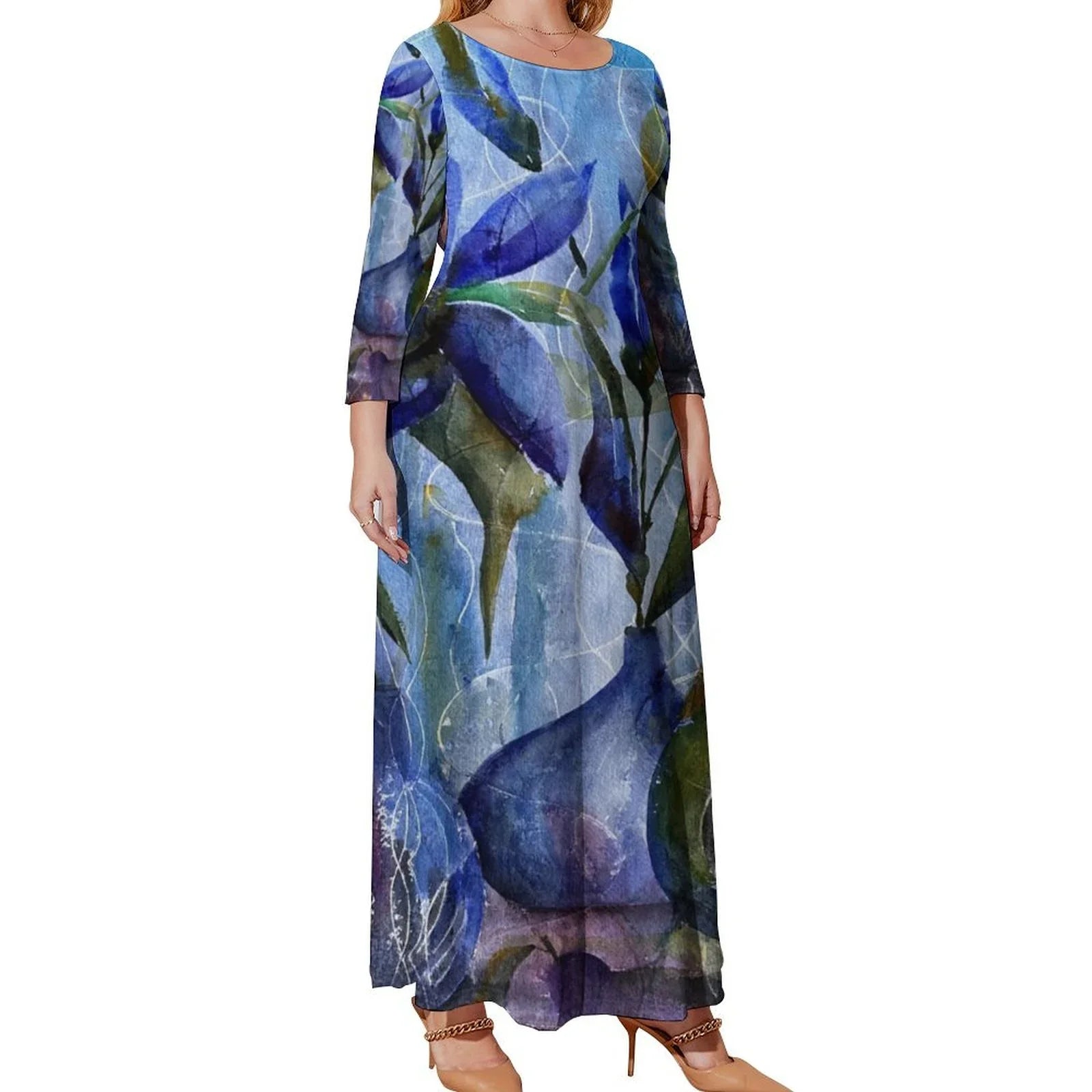 Winter Blues Maxi Long sleeve dress – Lana Art Sweden White / 4XL