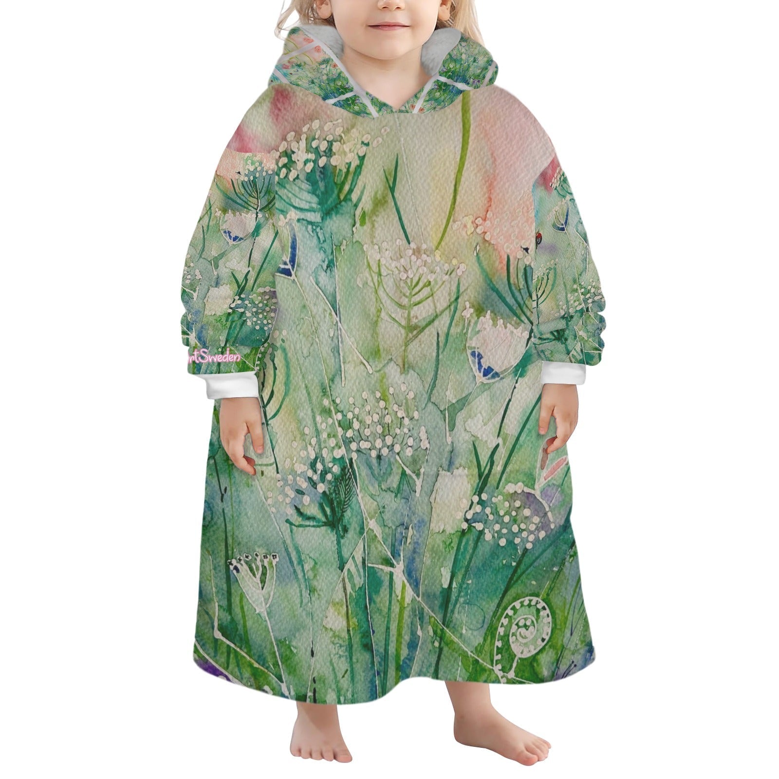 Child wearing Sleeping in the Garden Blanket Hoodie with floral garden design
