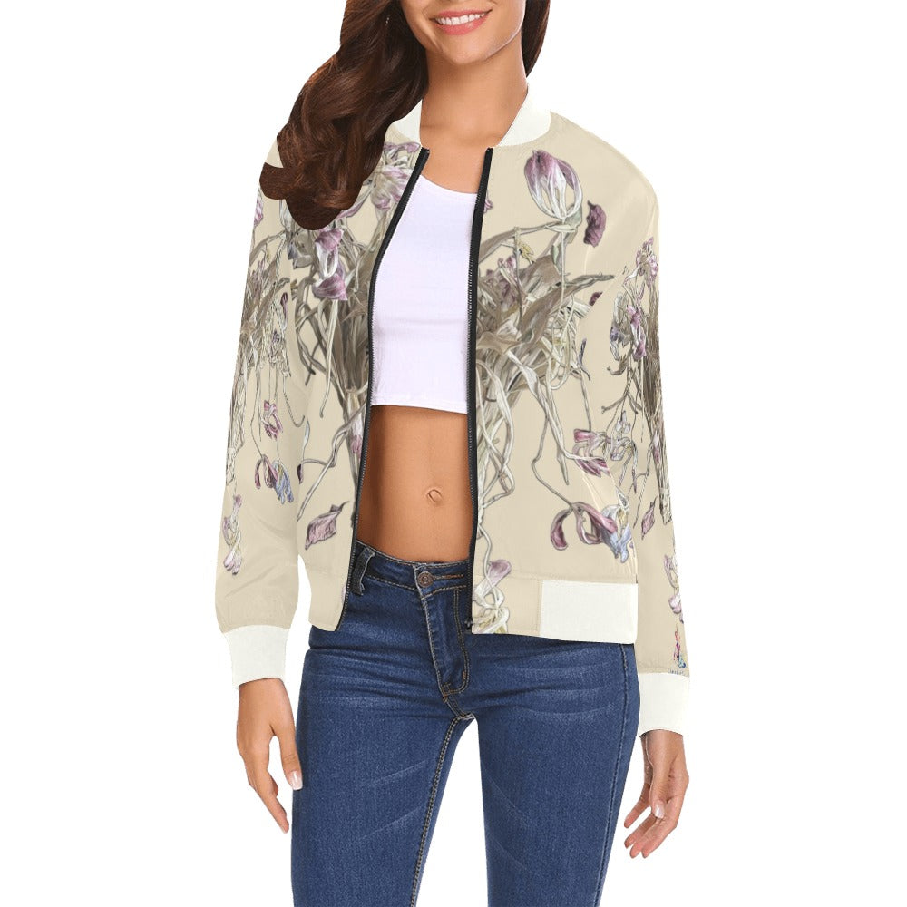 Women's City Bomber Jacket in almond with floral artwork by LanaArtSweden, ribbed collar and cuffs, zip-up front, styled with jeans and white crop top