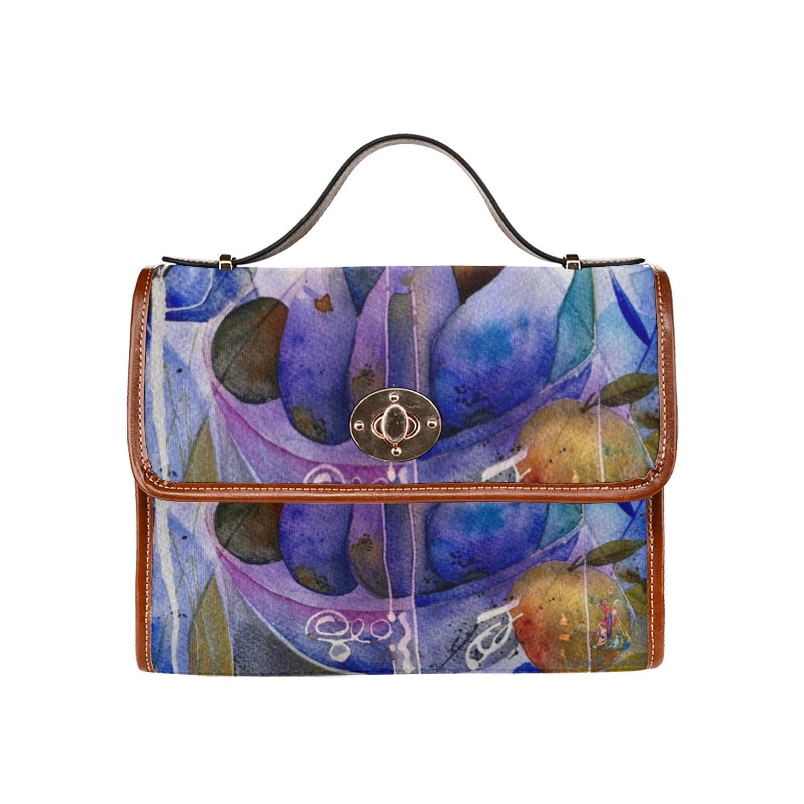 Blue Pears waterproof canvas shoulder bag with adjustable brown straps and blue pear design
