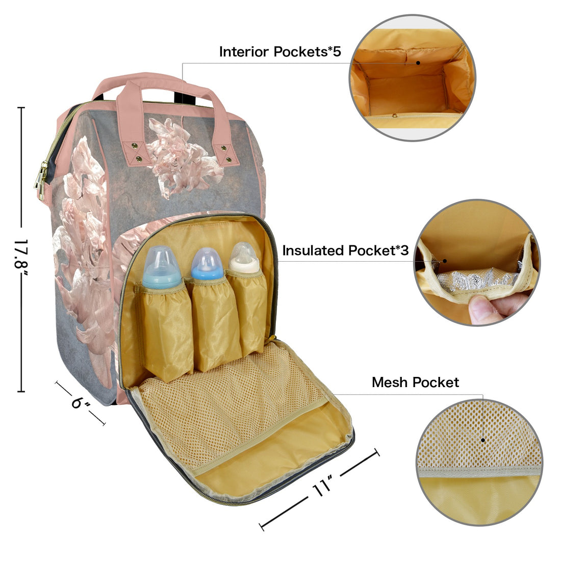 Damaskus Pink Tulip Multi-Function Travel Diaper Bag-Large
