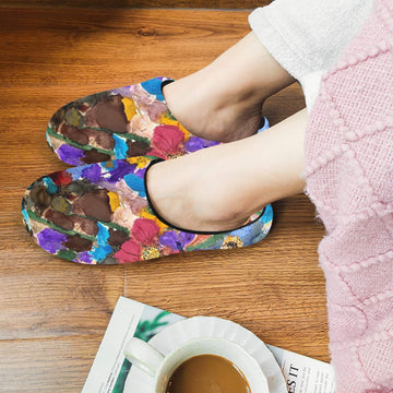 Fall Flowers Black Women's Non-Slip Cotton Slippers with plush vamp, synthetic velvet lining, and anti-skid TPR sole.