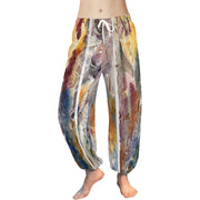Lightweight chiffon Leaves and Lines Pants with drawstring waist and ankle cuffs, featuring a multicolored abstract leaf and line pattern, ideal for lounging and yoga.