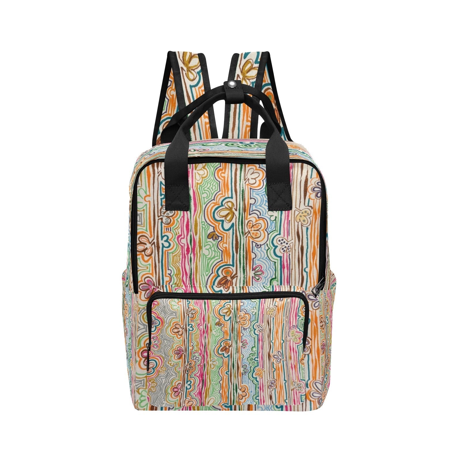 Spring Fever Twin Handle Backpack with colorful floral pattern, twin handles, adjustable padded straps, and multiple pockets for daily use and travel