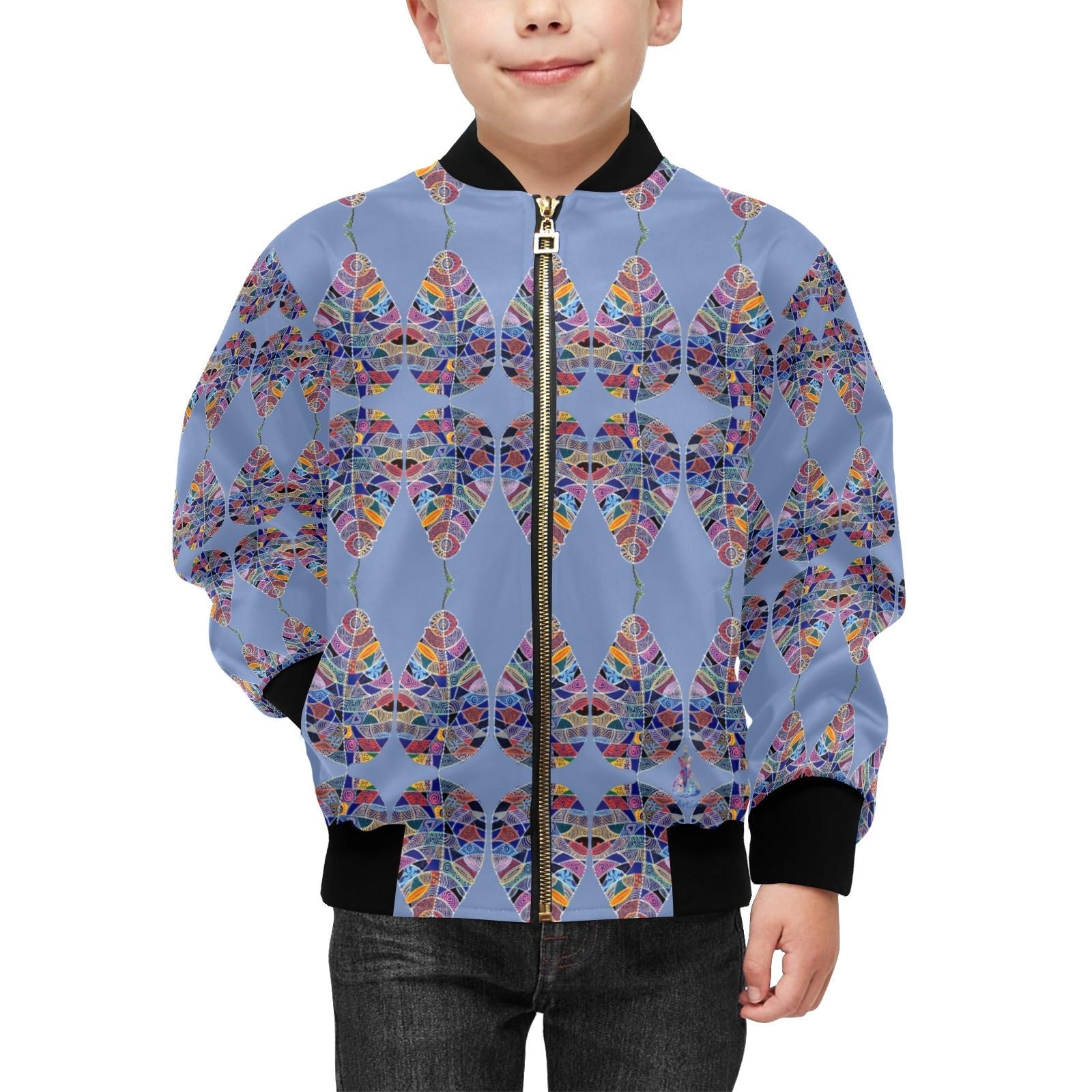 Fantasy Leaf Dusty Blue Kids' Bomber Jacket with Pockets (Model H40) - Lana Art Sweden