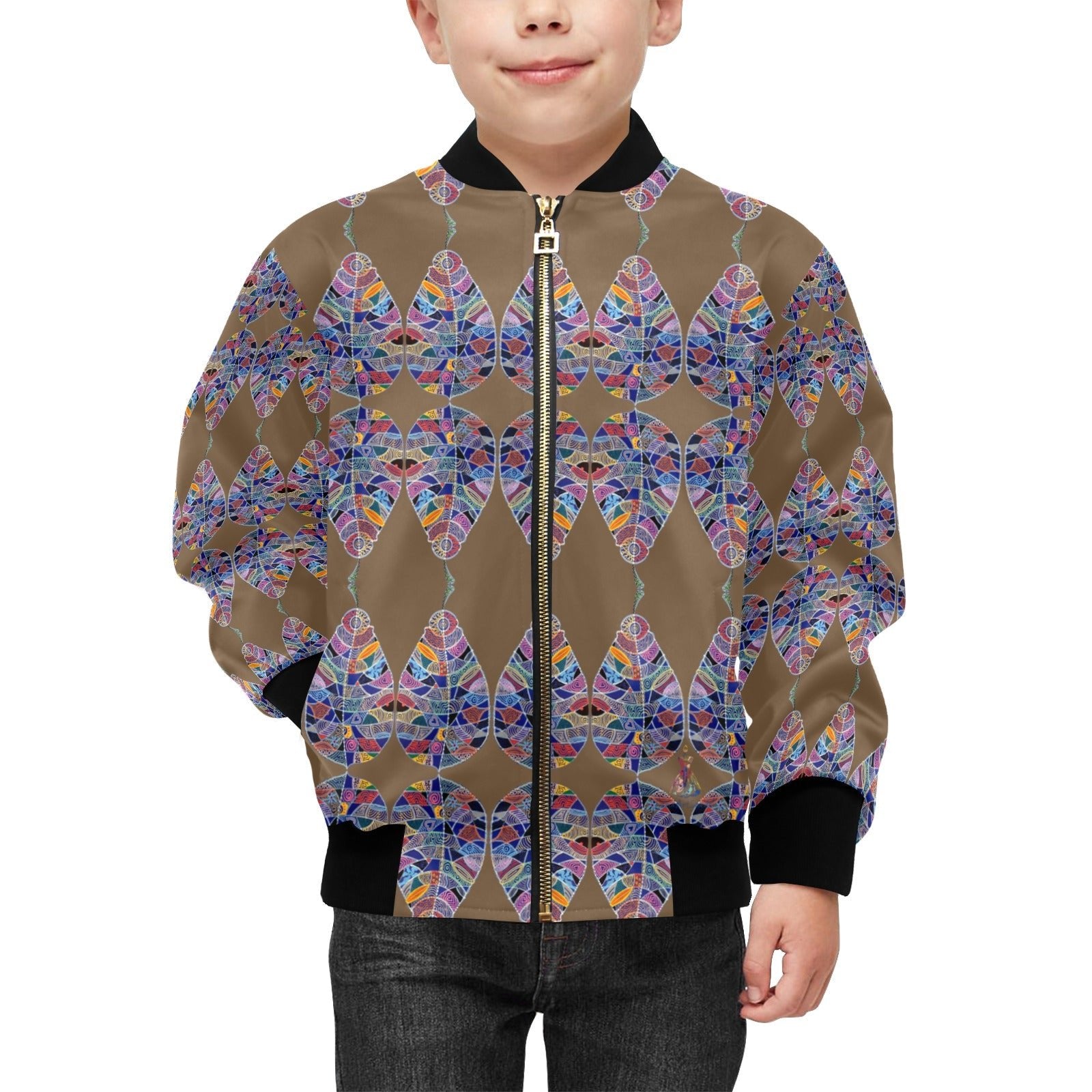 Fantasy Leaf Ochre Kids' Bomber Jacket with Pockets (Model H40) - Lana Art Sweden