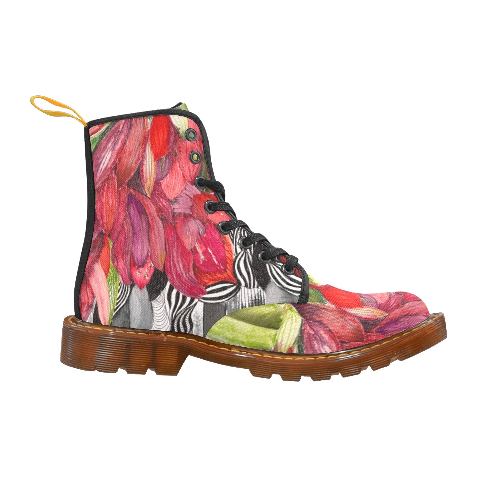 Amarillis Black Custom Canvas Boots for Women by LanaArt Sweden, featuring a breathable nylon canvas upper, floral combat design, and translucent rubber sole.