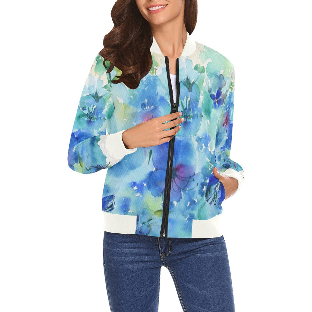 Blue Hibiscus All Over Print Bomber Jacket for Women