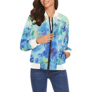 Blaue Bomberjacke mit Hibiskus-Allover-Print für Damen
