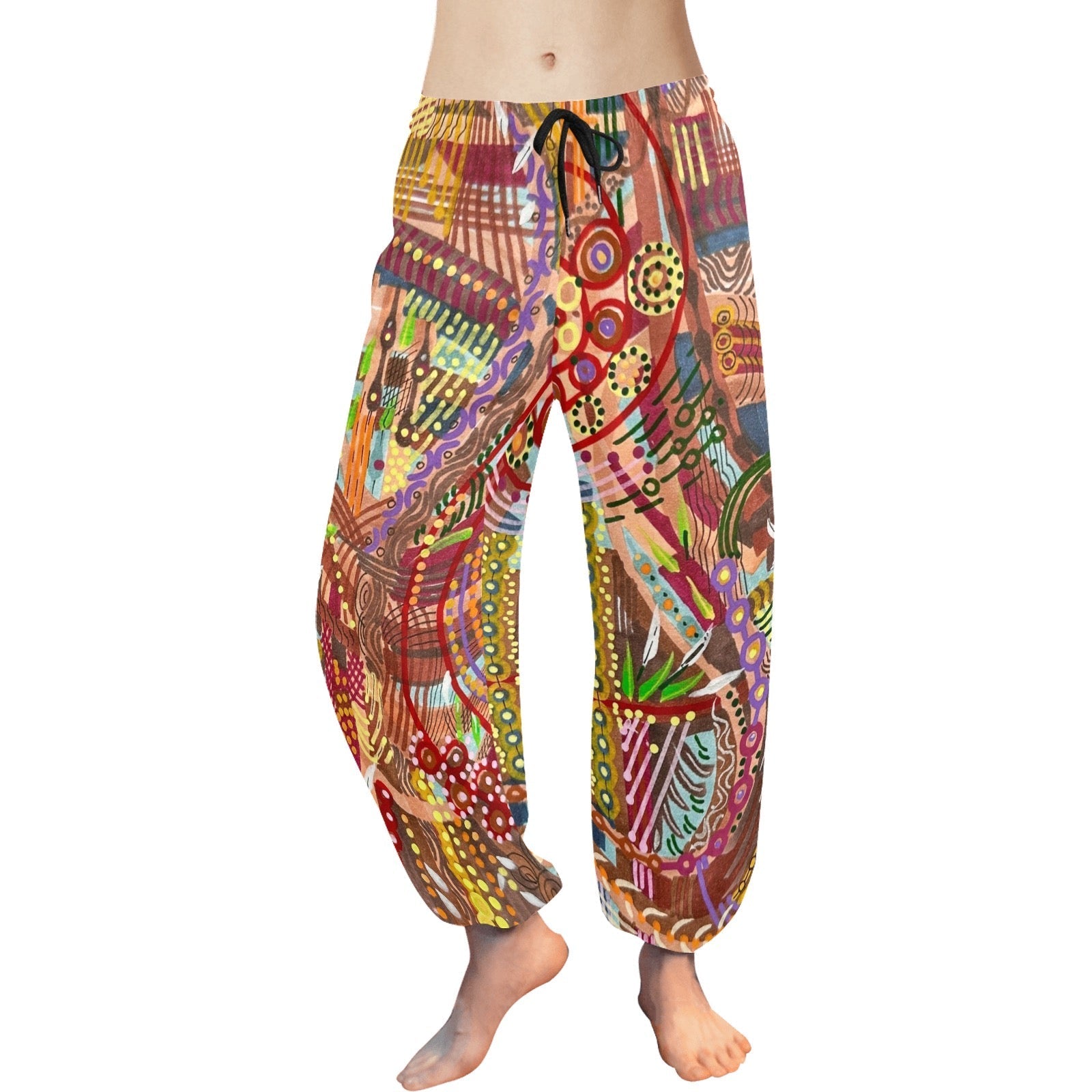 Women's brown kaleidoskop baggy harem pants with colorful abstract pattern and adjustable drawstring waist and ankle cuffs