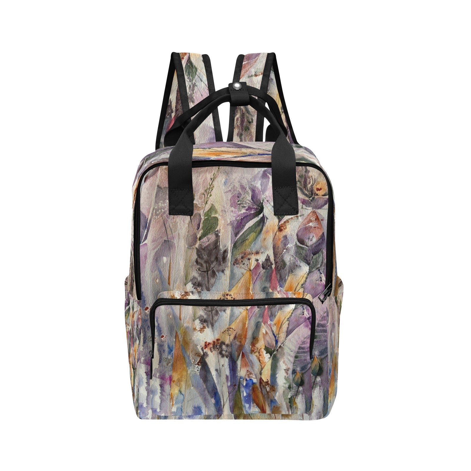Mystery Plants Twin Handle Backpack with floral abstract print, twin handles, adjustable padded shoulder straps, front and side pockets, made of durable lightweight nylon