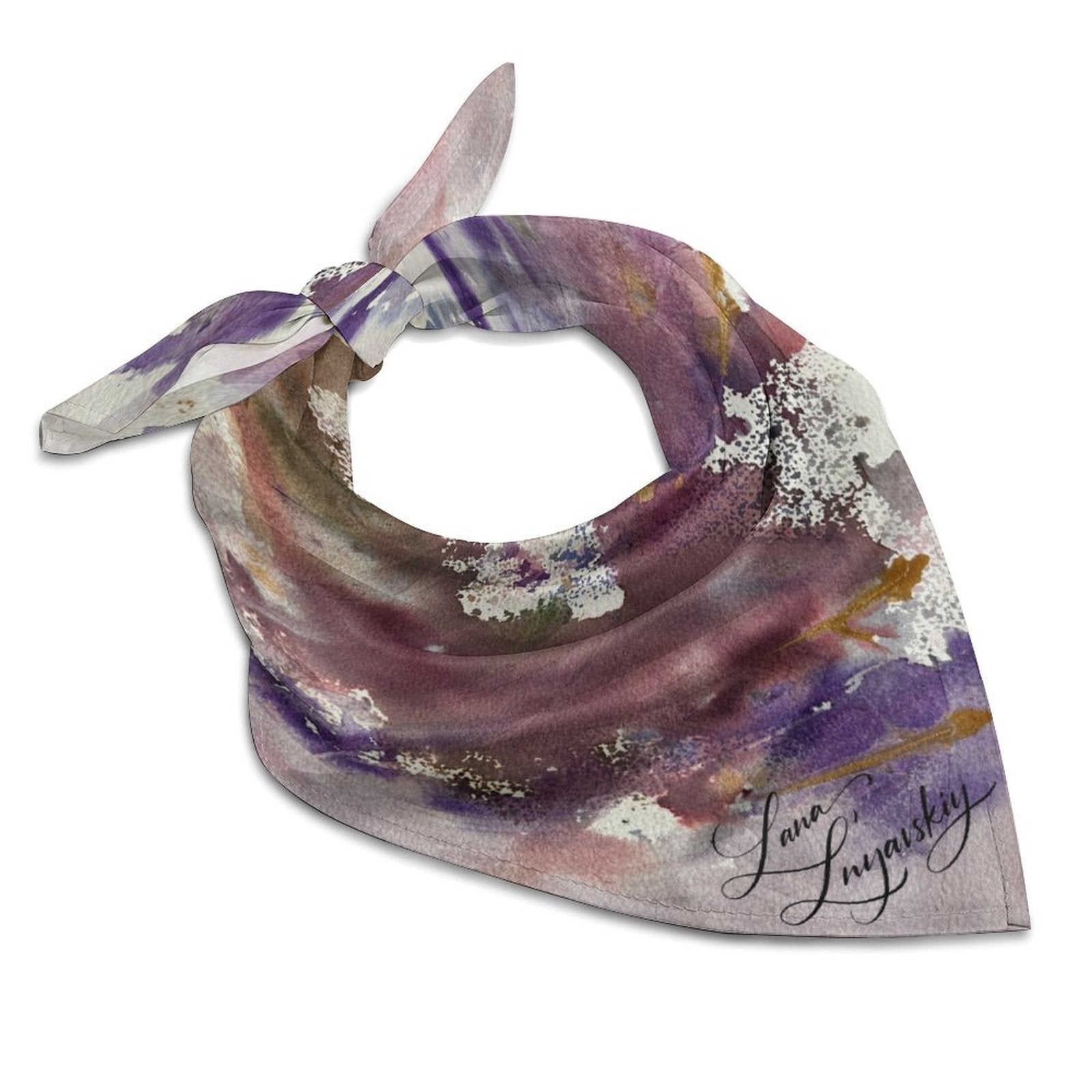 Purple and multicolor floral patterned scarf kerchief with a soft silky texture and signature detail, styled for versatile city bomber jacket look