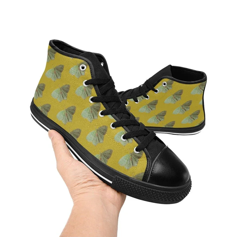 Green Moth Ochre Kids' High Top Canvas Shoes - Lana Art Sweden