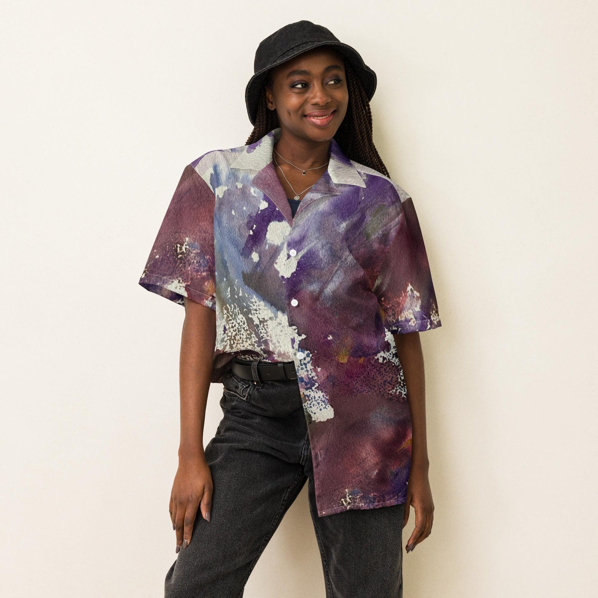 Colorful unisex button shirt by LanaArtSweden made from recycled polyester with moisture-wicking fabric and UPF50+ protection.