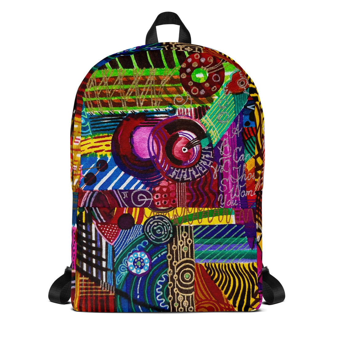 Medium-size backpack with original artwork by LanaArtSweden, featuring a durable polyester build, water-resistant material, laptop compartment, and ergonomic straps.