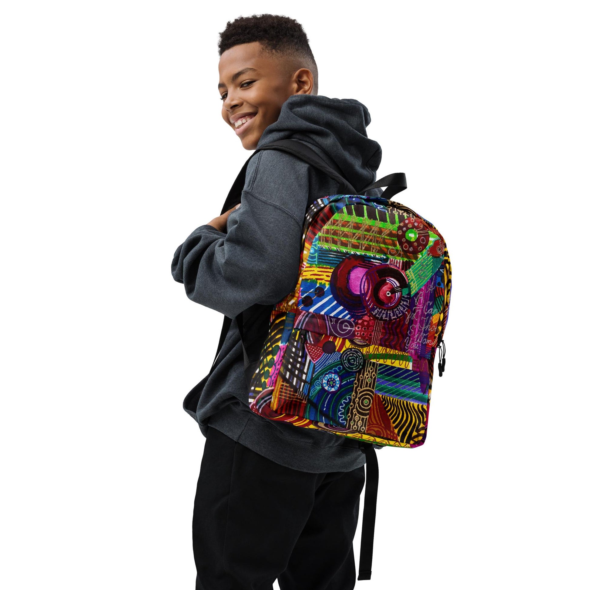 Medium-size backpack with original artwork by LanaArtSweden, featuring a durable polyester build, water-resistant material, laptop compartment, and ergonomic straps.