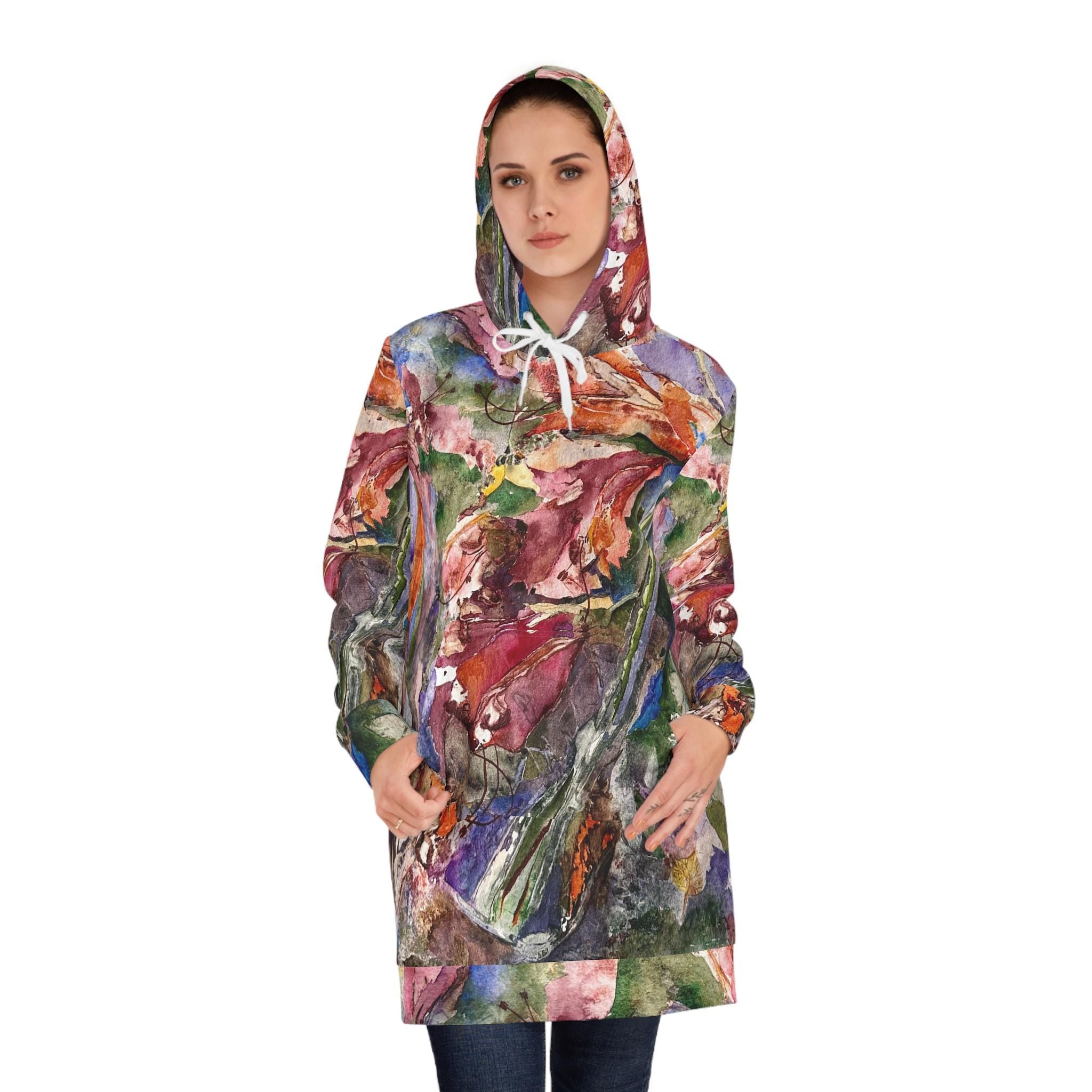 LanaArt Sweden women’s hoodie dress with shiny finish, long hood, and custom-cut fit