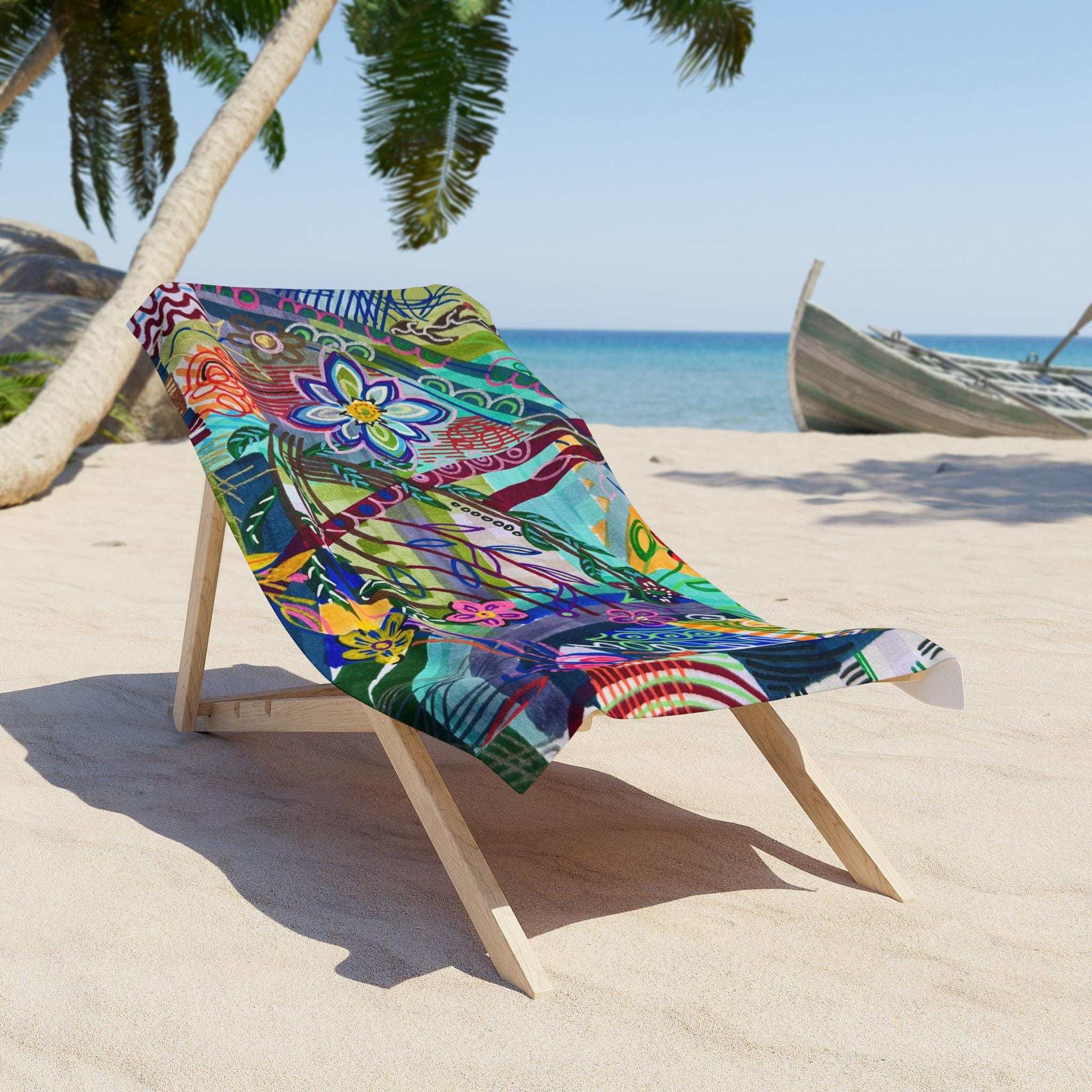 Large Beach Towel in vibrant custom prints, available in two sizes. Perfect for the bathroom or beach with soft polyester and absorbent cotton backing.