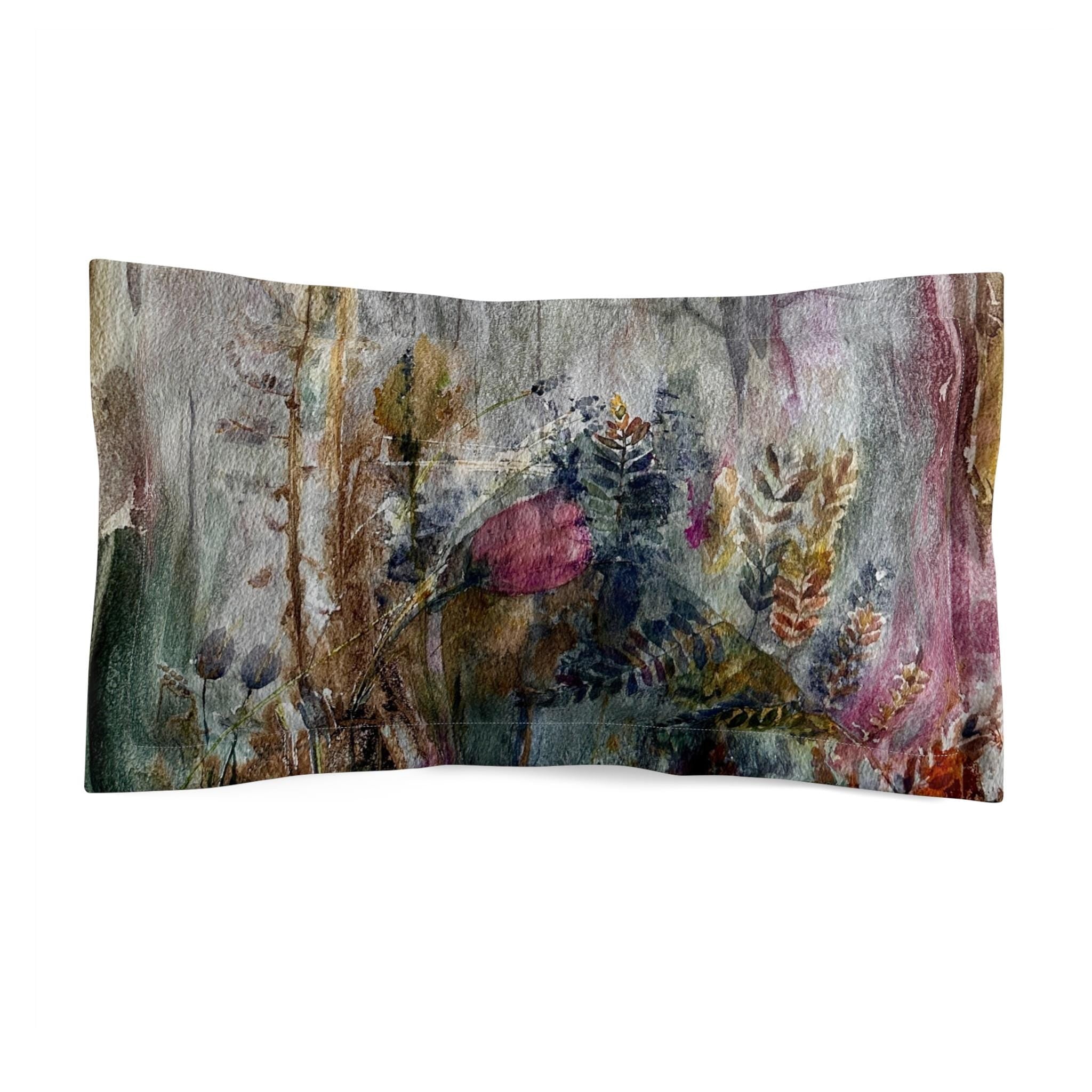 Floral watercolor design microfiber pillow sham with muted natural tones and envelope closure.