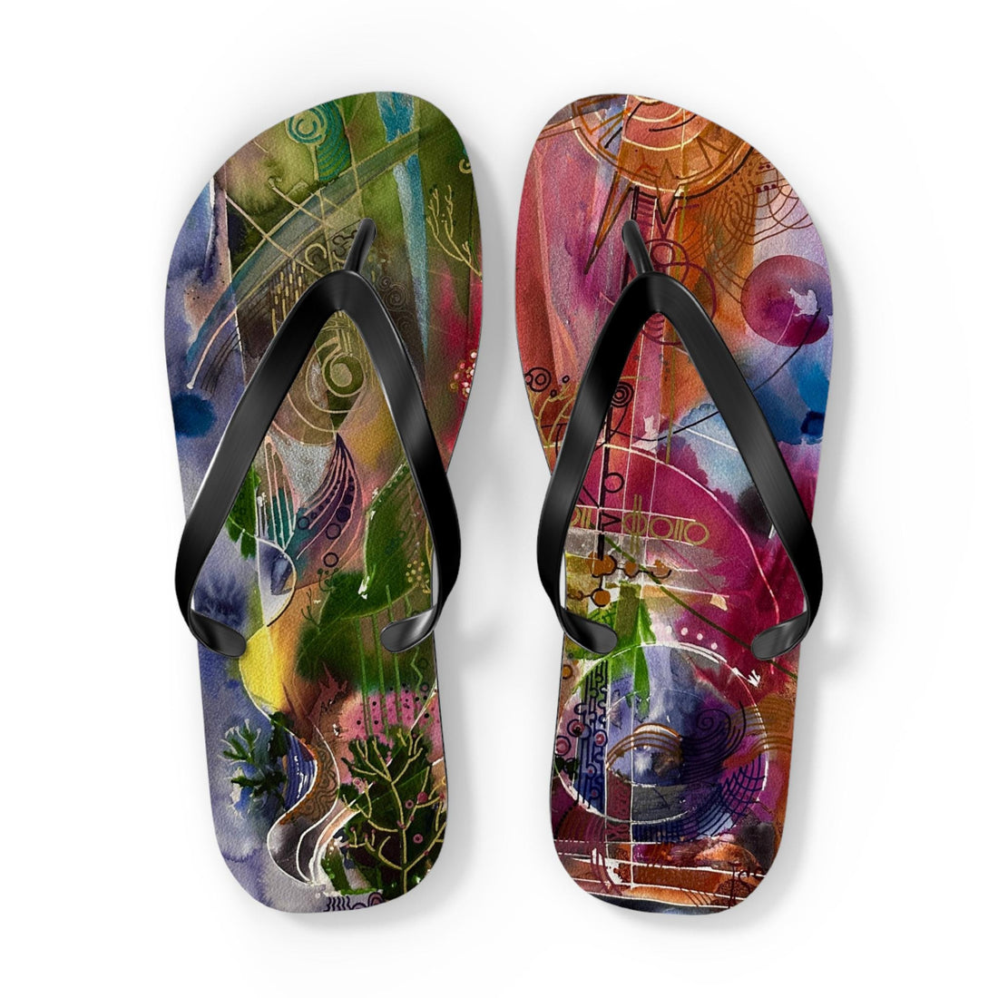 LanaArt Sweden Flip Flops with cushioned footbed, black PVC strap, and vibrant custom print, available in multiple sizes.