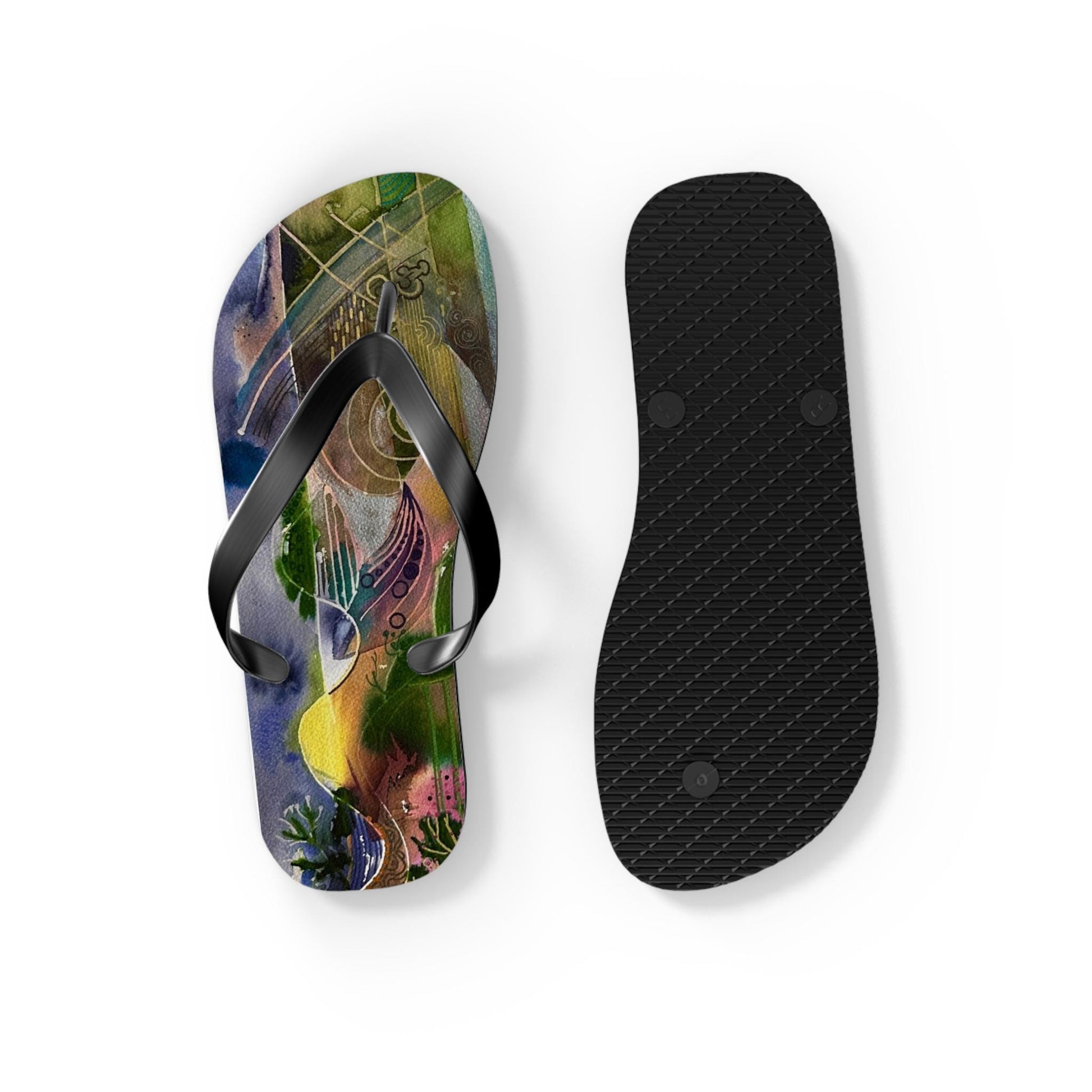 LanaArt Sweden Flip Flops with cushioned footbed, black PVC strap, and vibrant custom print, available in multiple sizes.