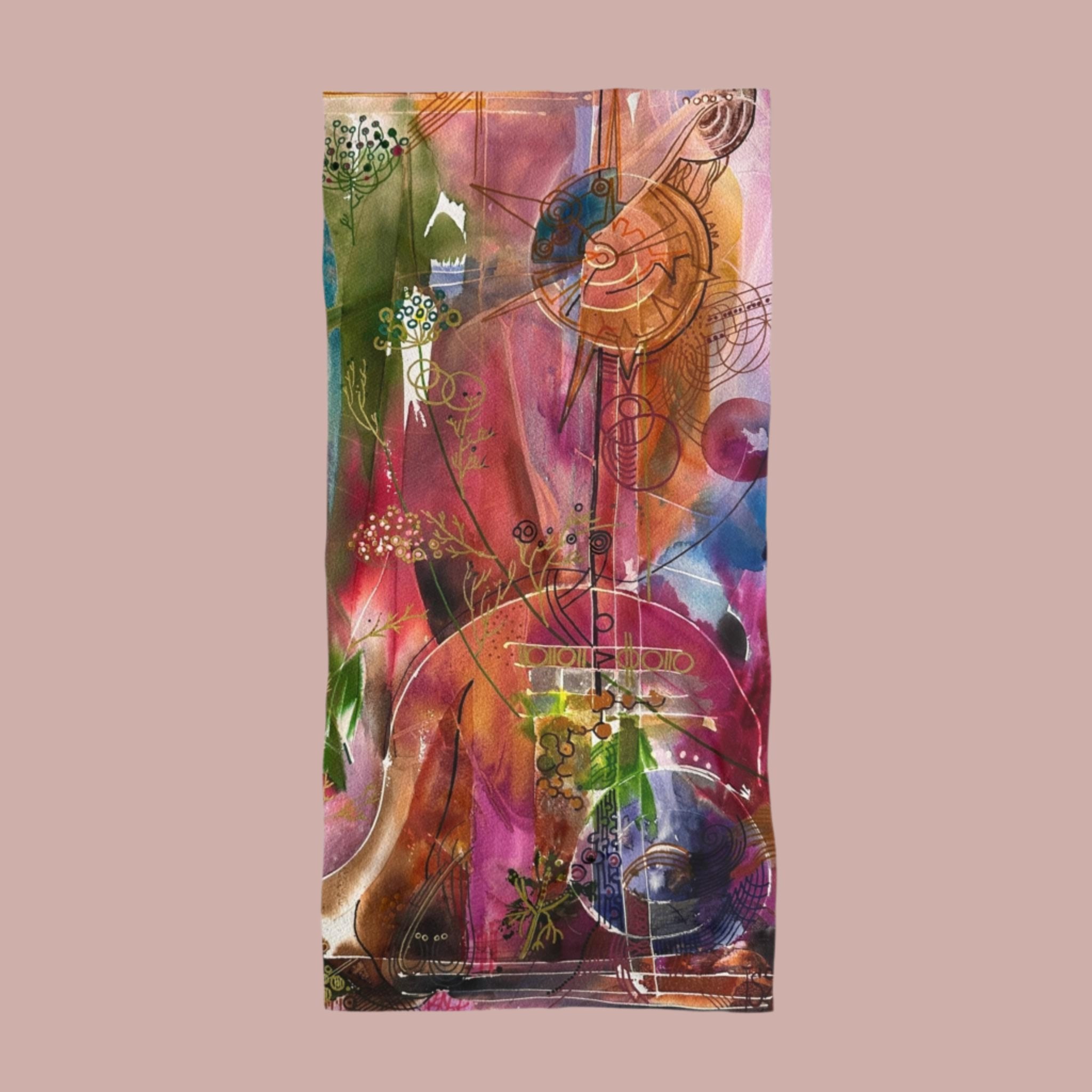 Colorful LanaArt Sweden Beach Towel with abstract vibrant design, soft polyester-cotton blend, and white cotton loop backing.
