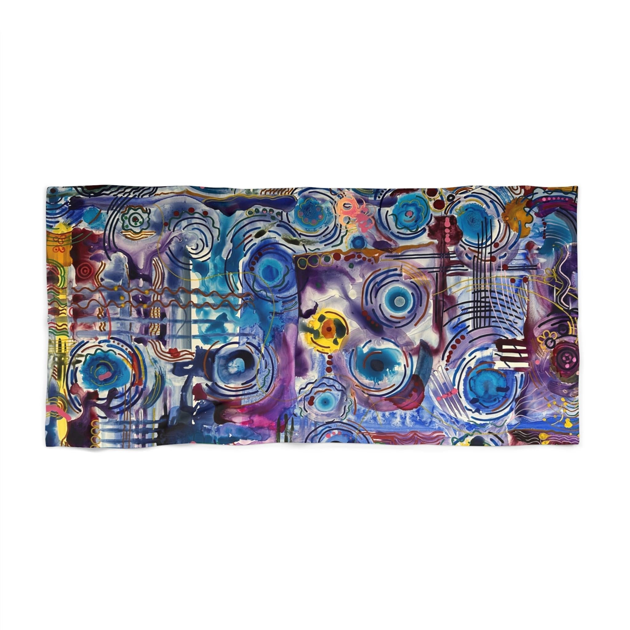 Blue LanaArt Sweden Beach Towel with vibrant abstract circular patterns and polyester-cotton blend for luxury beach use
