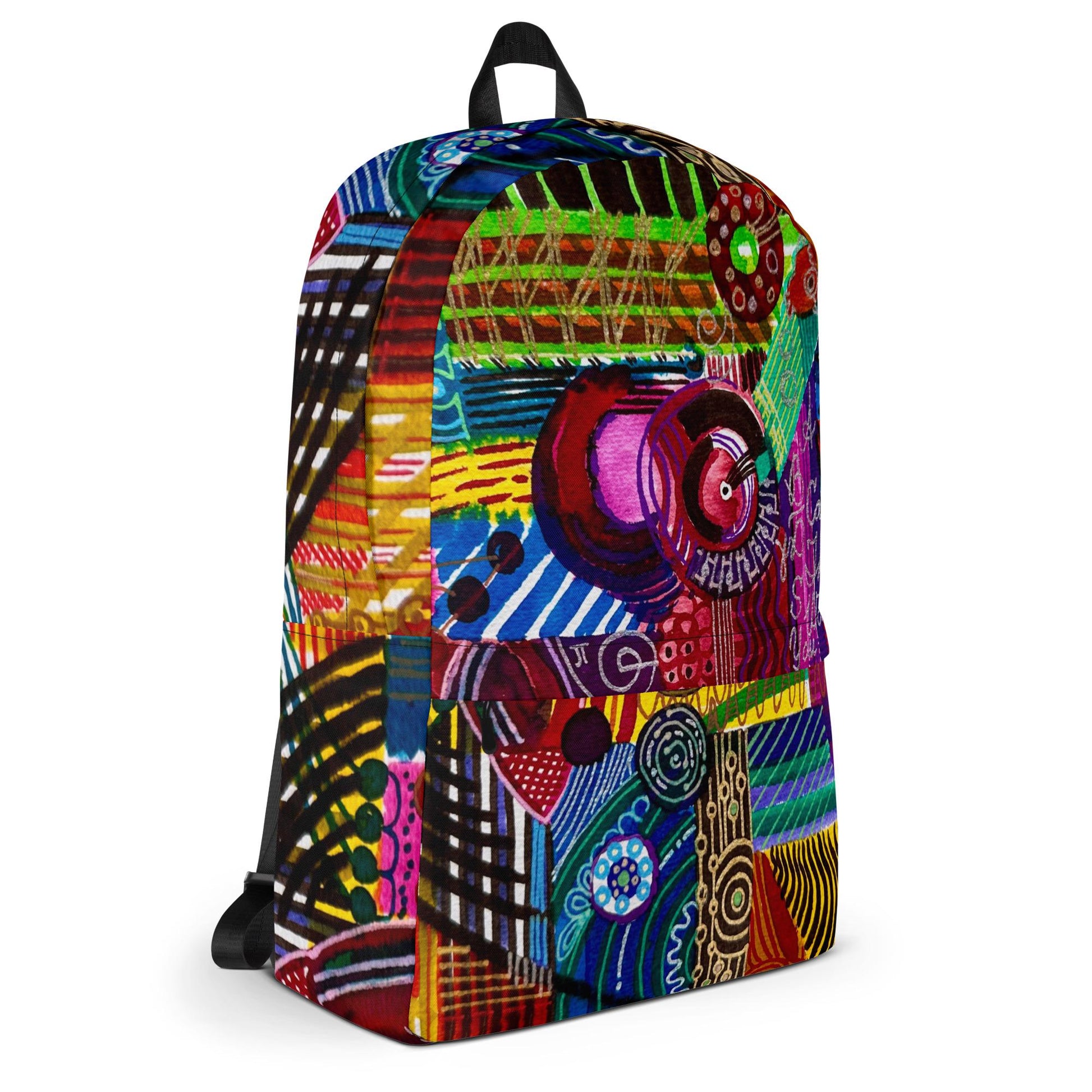 Medium-size backpack with original artwork by LanaArtSweden, featuring a durable polyester build, water-resistant material, laptop compartment, and ergonomic straps.