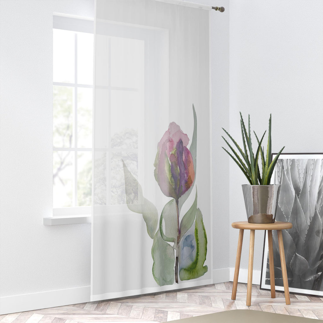 LanaArt Sweden Subtle Tulip window curtain with original floral artwork and one-sided print