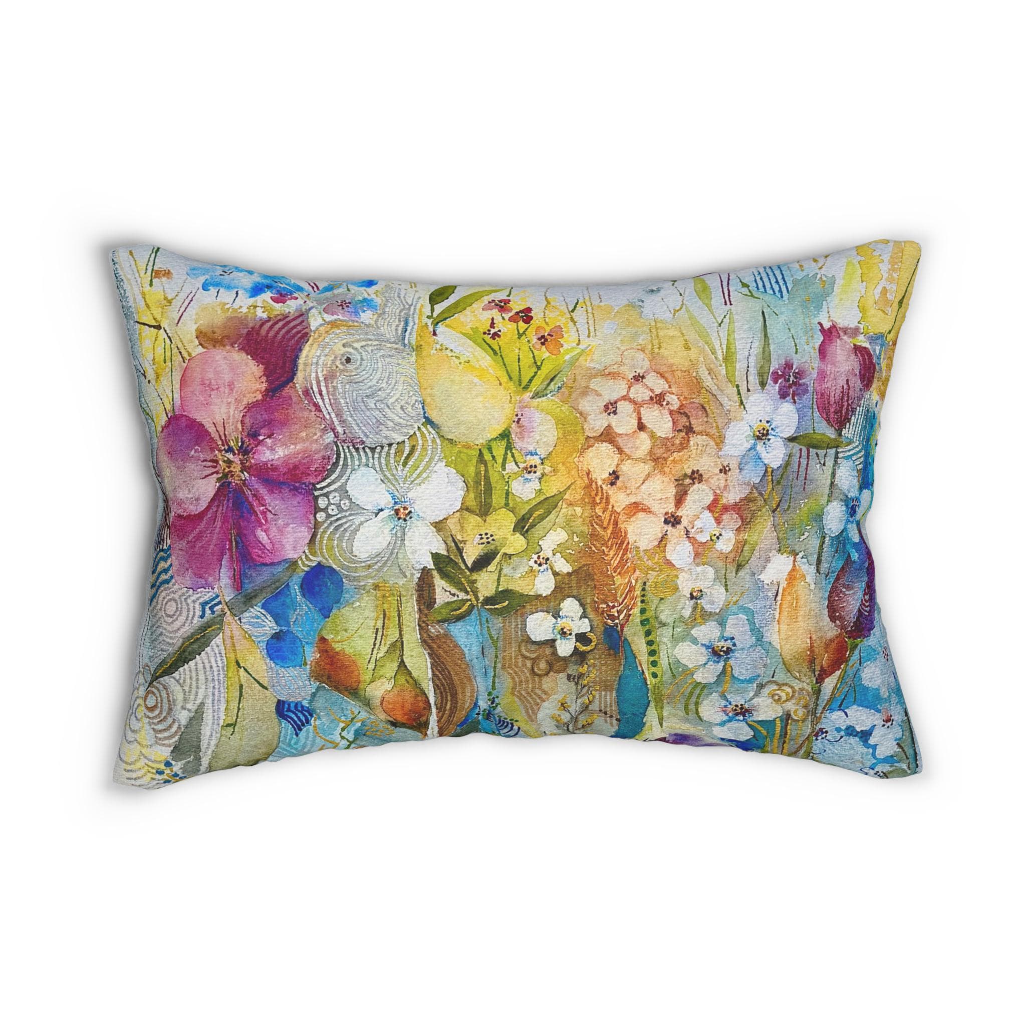 Colorful lumbar pillow case with original floral artwork in vibrant hues on spun polyester fabric, 20 by 14 inches.