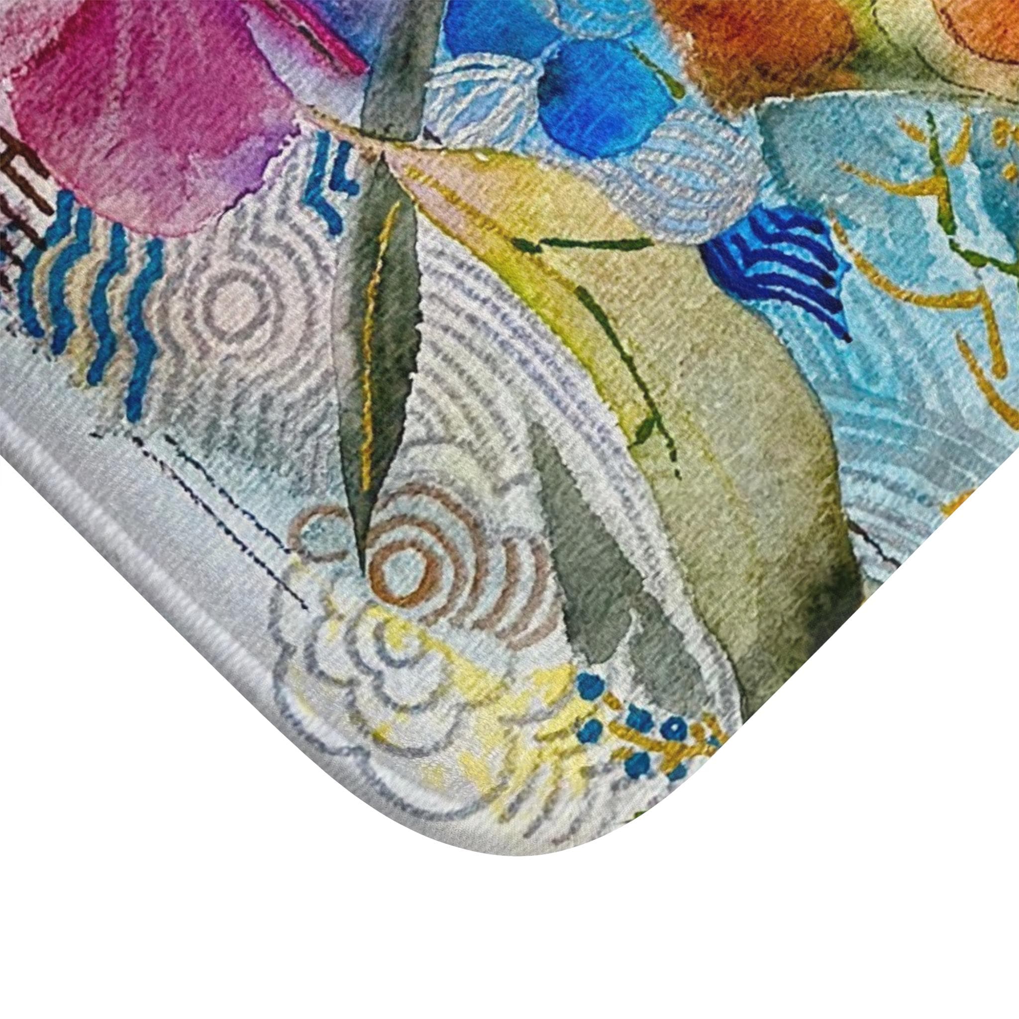 Close-up of LanaArtSweden colorful and elegant microfiber bath mat corner with abstract floral design and anti-slip backing