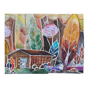 Colorful baby swaddle blanket with whimsical forest and house design, made of soft jersey polyester for cozy comfort