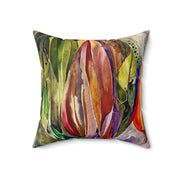 Decorative Banana Flower pillow cover with vibrant tropical floral watercolor design on a square cushion.