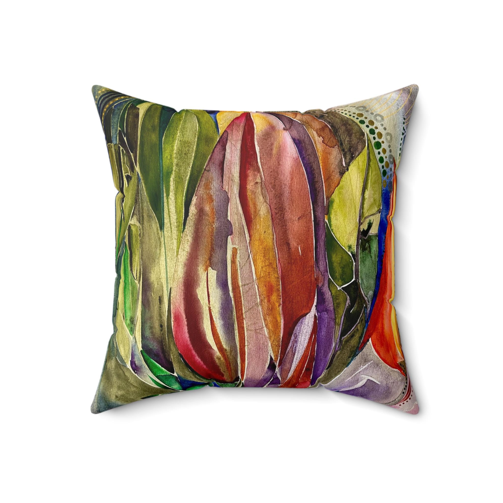 Decorative Banana Flower pillow cover with vibrant tropical floral watercolor design on a square cushion.