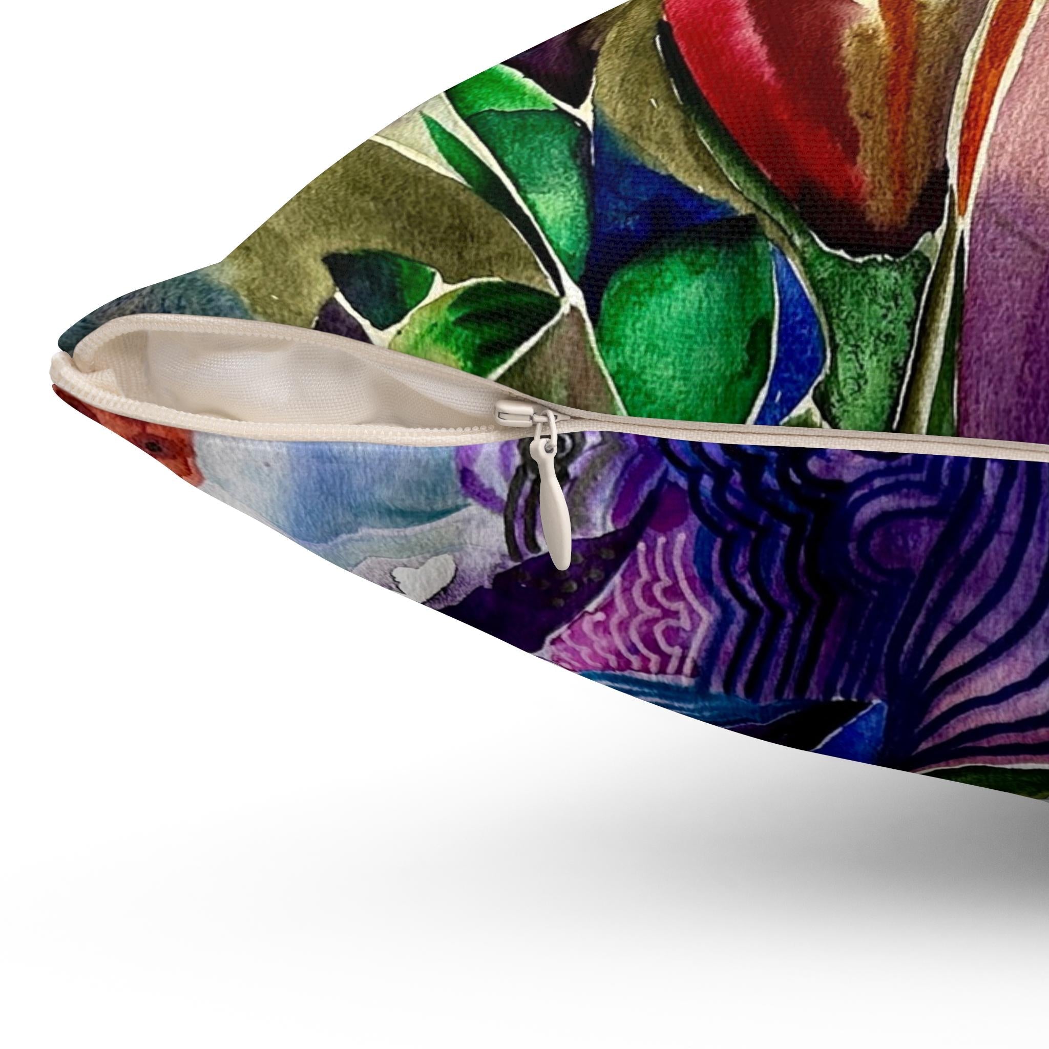 Close-up of Banana Flower Pillow case with concealed beige zipper and vibrant tropical floral design on double-sided print