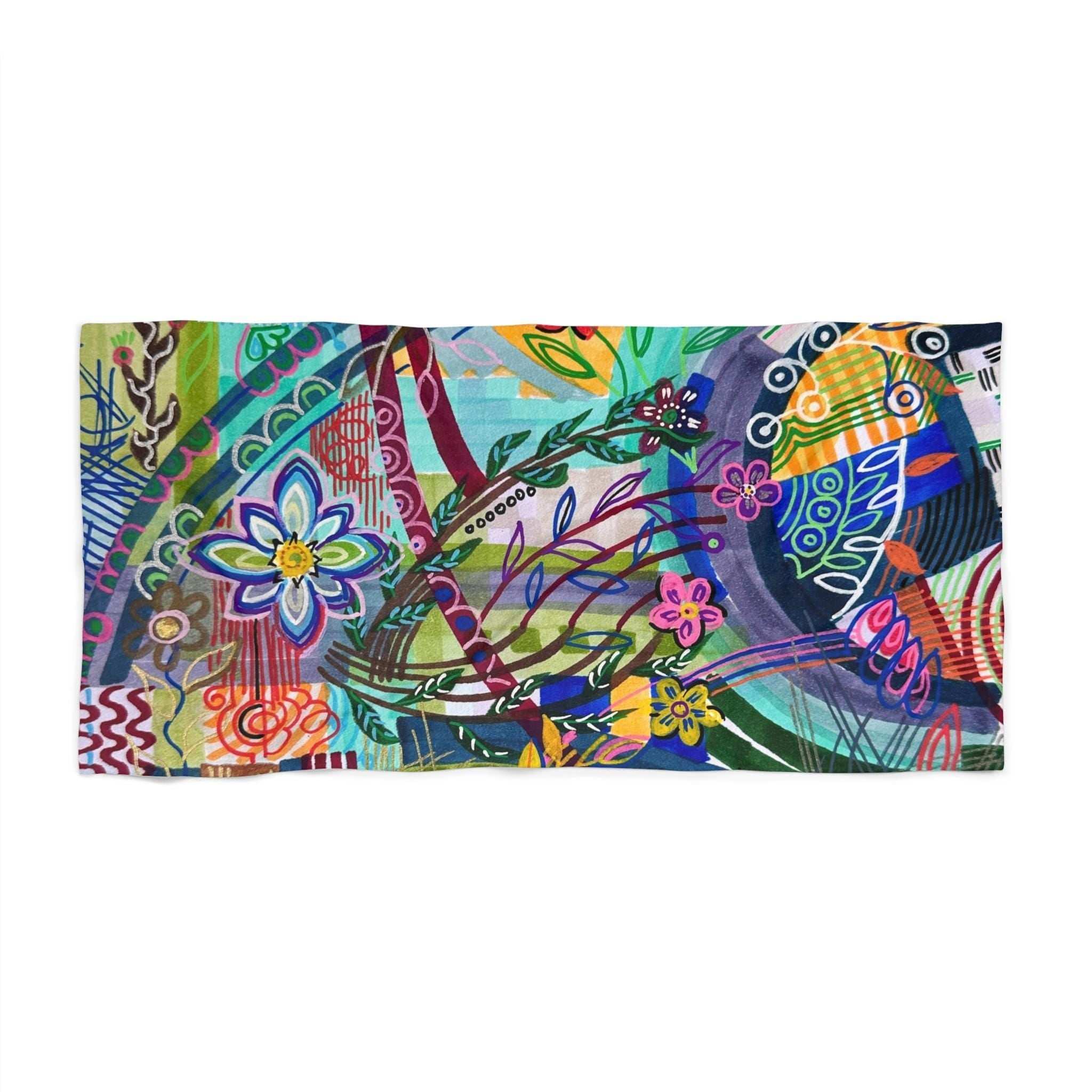 Large Beach Towel with vibrant floral and abstract design, soft polyester front, and cotton loop backing for beach or bathroom use
