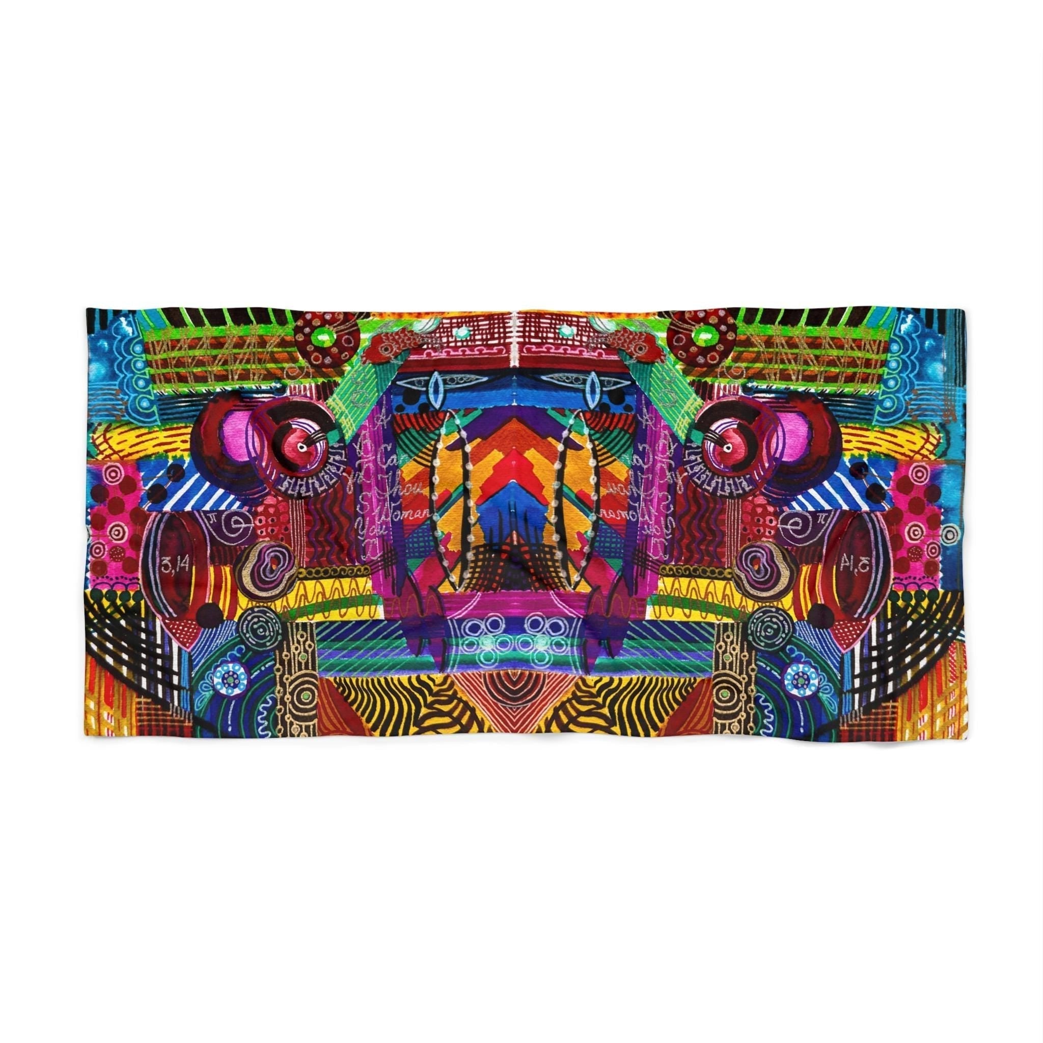 Big and colorful beach towel with vibrant abstract geometric design and soft polyester-cotton blend fabric