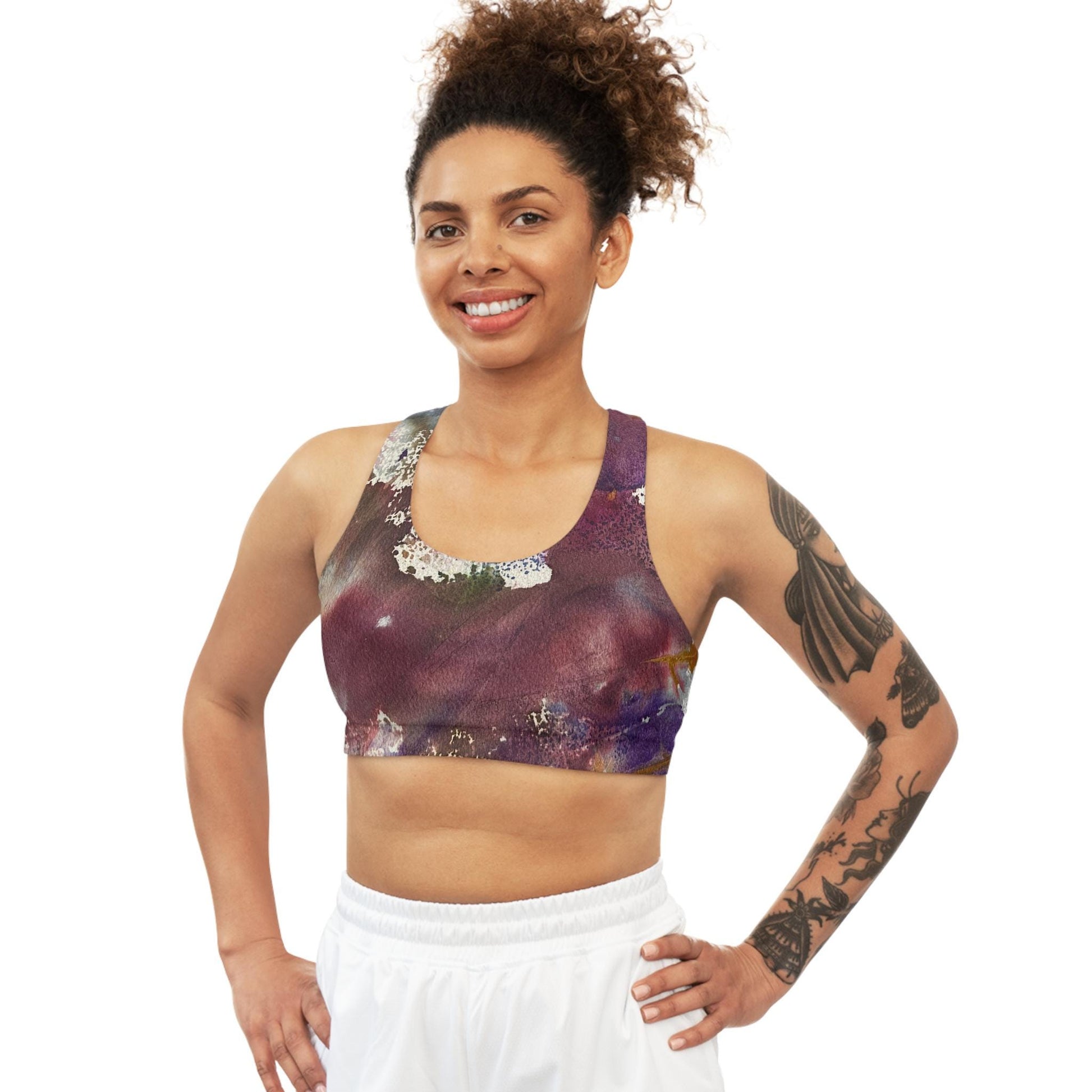 LanaArt Sweden seamless sports bra with custom all-over print, soft and stretchy fabric, perfect for gym or yoga.