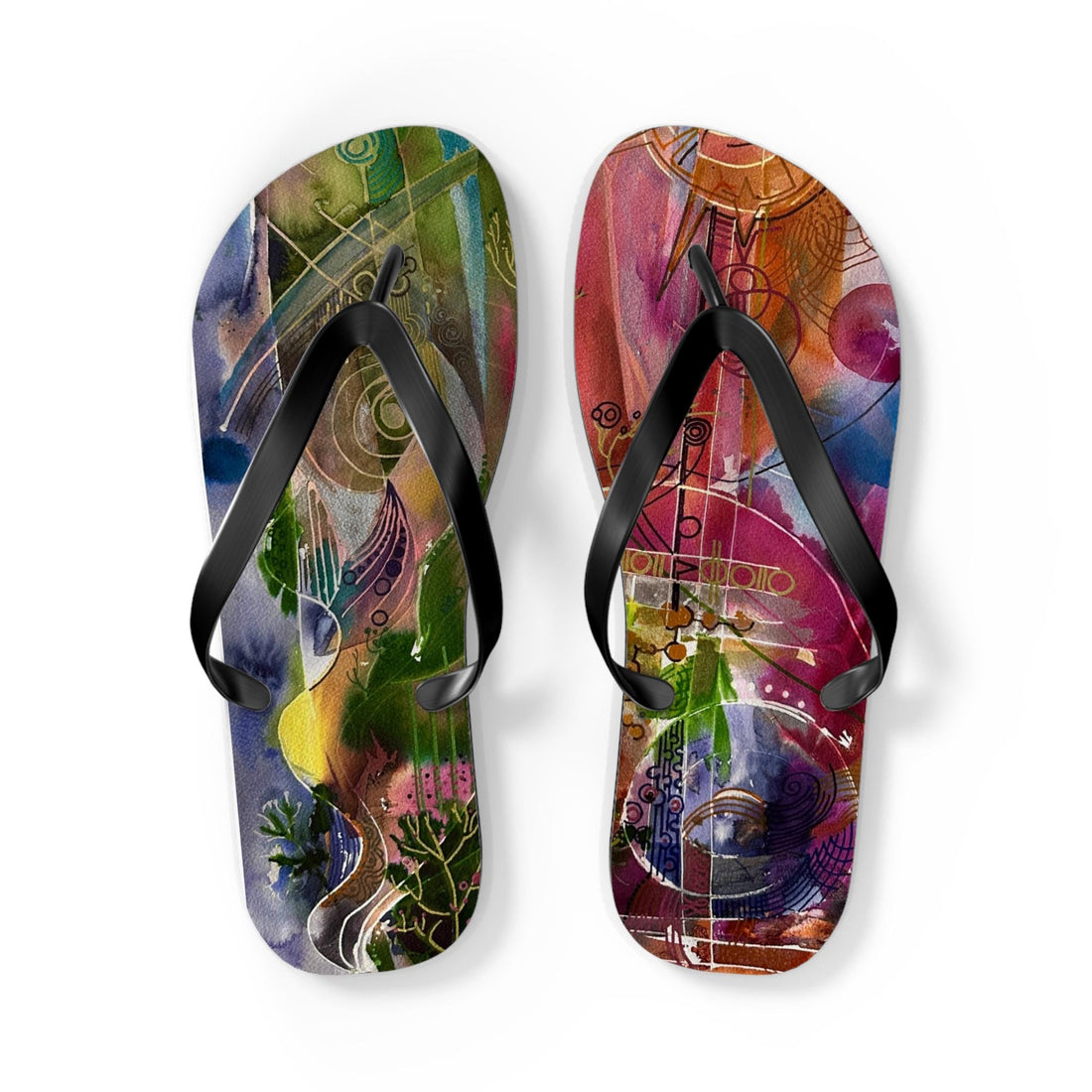 LanaArt Sweden Flip Flops with cushioned footbed, black PVC strap, and vibrant custom print, available in multiple sizes.