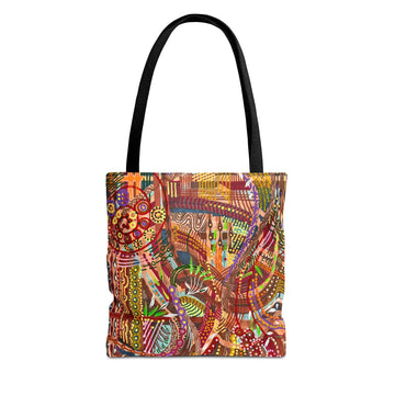 LanaArt Sweden Tote Bag in vibrant custom prints, featuring colored handles and durable spun polyester material. Perfect for everyday use.