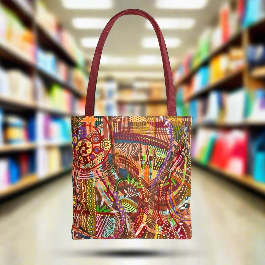 LanaArt Sweden Tote Bag in vibrant custom prints, featuring colored handles and durable spun polyester material. Perfect for everyday use.