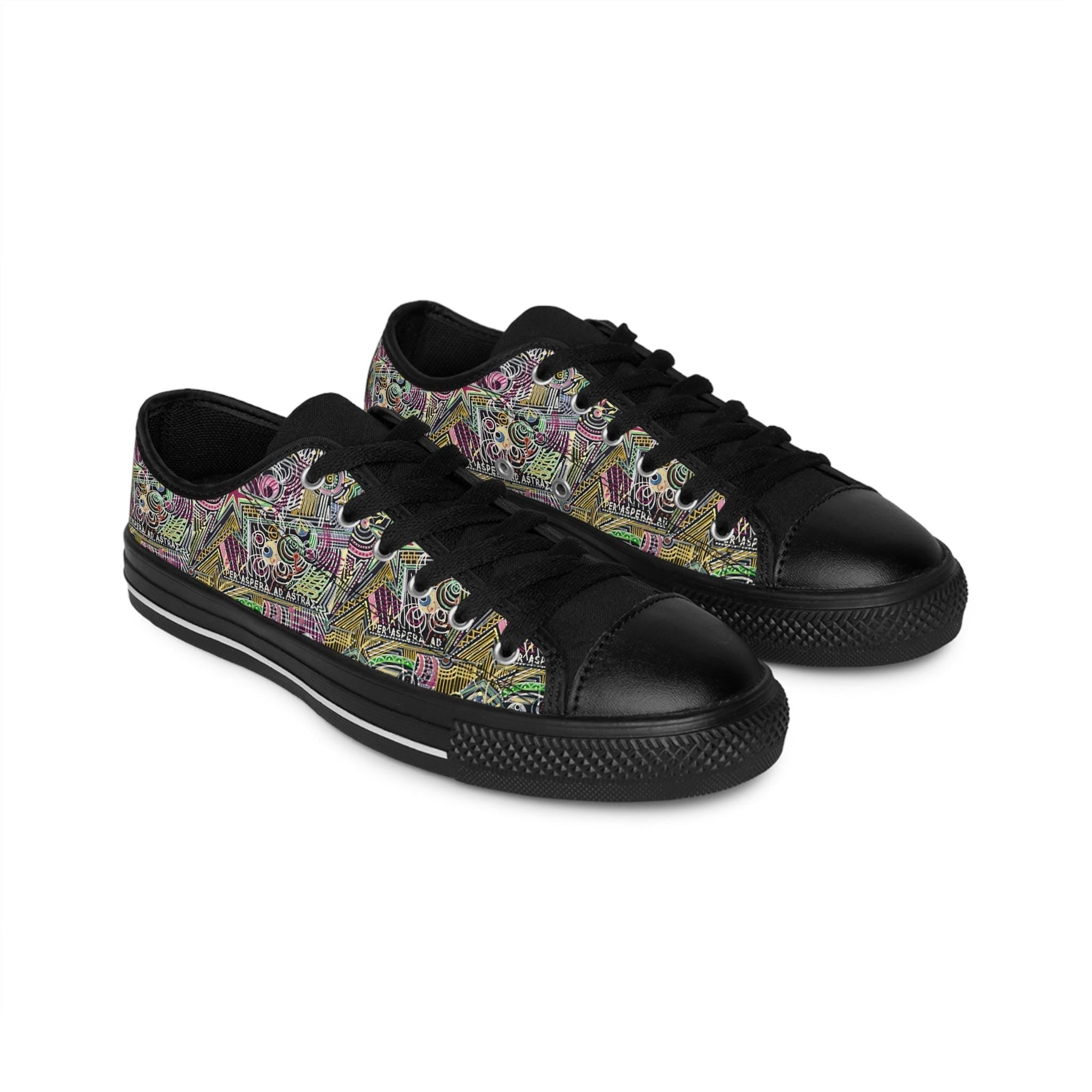 LanaArt Sweden Women's Sneakers with colorful abstract patterns on black canvas and rubber soles for comfortable everyday wear
