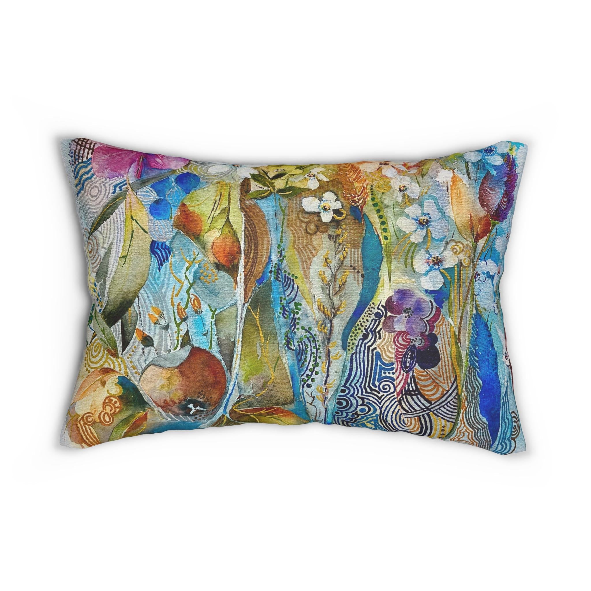 Colorful lumbar pillow case with original nature-inspired artwork, double-sided print, and concealed zipper, 20 by 14 inches