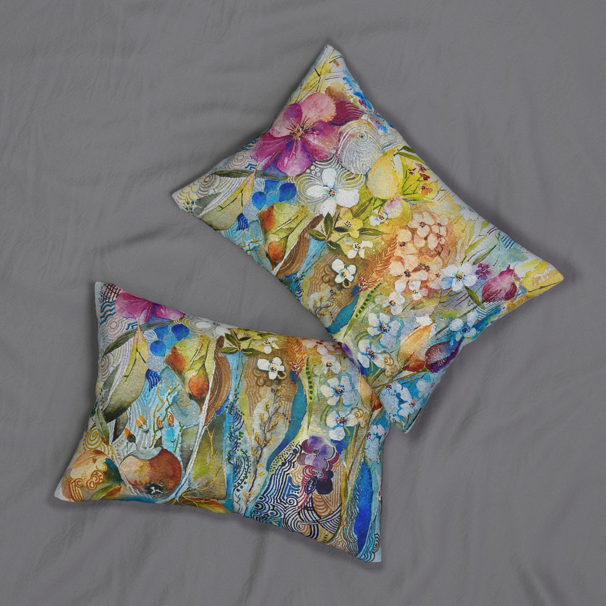 Set of two lumbar pillow cases with original colorful floral artwork, double-sided print, and concealed beige zipper on spun polyester fabric